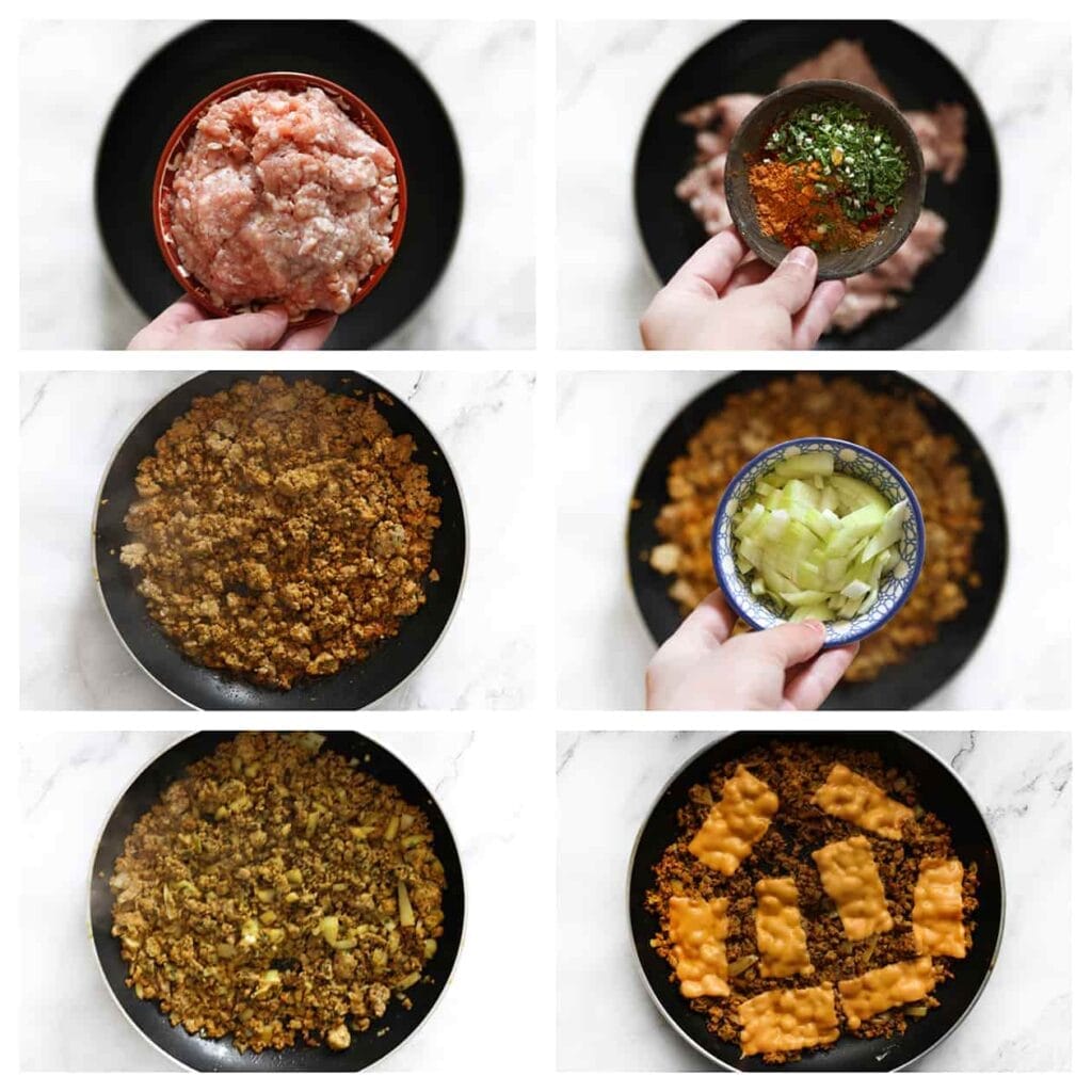 Verhit de olijfolie in een koekenpan op middelhoog vuur. Voeg het gehakt, zout, uienpoeder, knoflookpoeder en de kurkuma toe. Meng goed en bak 3-4 minuten. Voeg de gesnipperde gele ui toe. Bak 5 minuten mee. Indien gewenst, haal de pan van het vuur en leg de cheddar kaas erop, laat dit smelten.