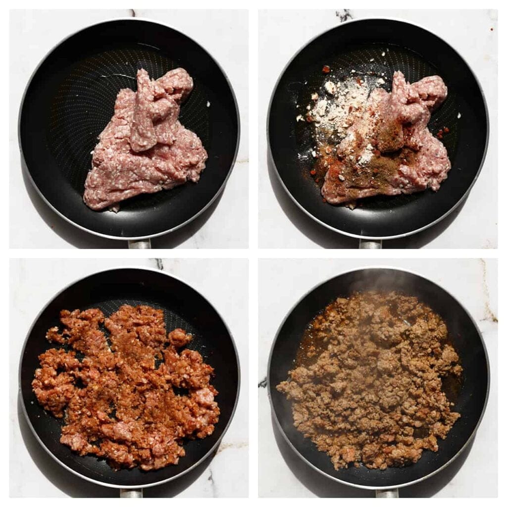 Verhit olijfolie in een koekenpan op middelhoog vuur. Voeg gehakt, zout, uienpoeder, knoflookpoeder, komijnpoeder, paprikapoeder en cayennepeper toe. Meng goed en bak 7-10 minuten.