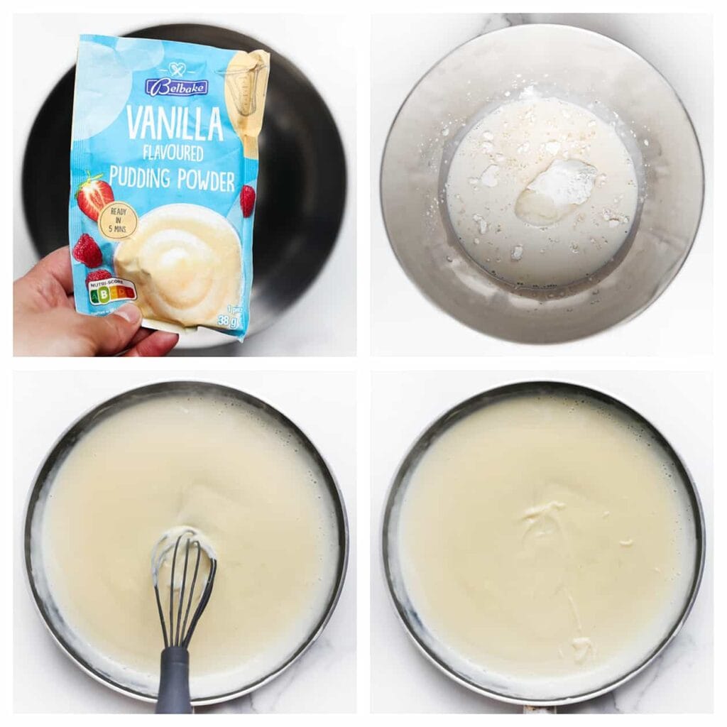 Doe de vanillekloppudding, melk en suiker in een diepe kom en meng tot een gladde massa. Verhit dit mengsel in een pan op laag vuur en roer constant tot het dikker wordt.