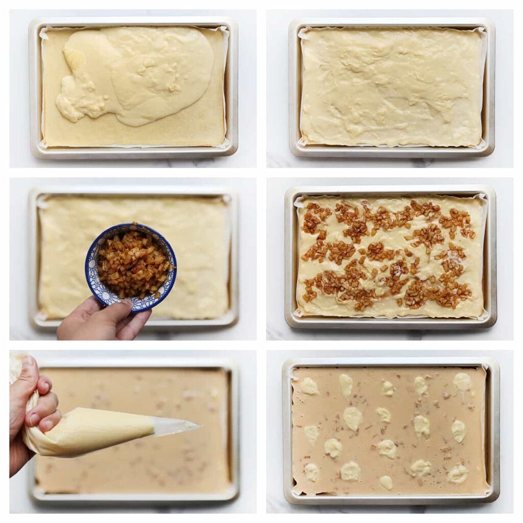 Haal de cake voorzichtig uit de oven. Verdeel &frac34; van de gele room over de cake en strooi het appelmengsel erover. Giet het resterende cakebeslag en de overgebleven gele room over de cake.