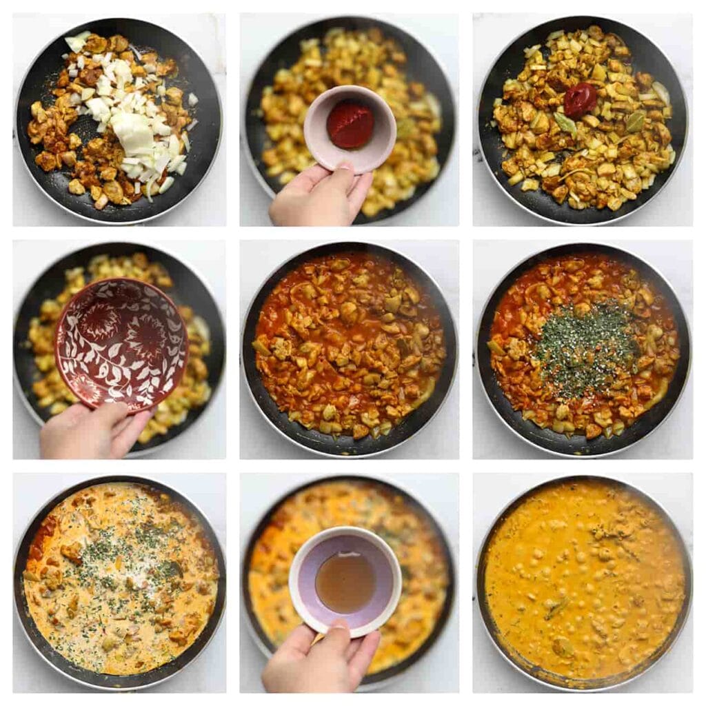 Voeg de gesnipperde gele ui toe en bak 2-3 minuten. Voeg de tomatenpuree en het water toe. Kook tot een geheel. Voeg de saladekruiden, ongeklopte slagroom en honing toe. Kook 5 minuten op hoog vuur of tot de saus goed is ingedikt. Blijf hier wel bij.