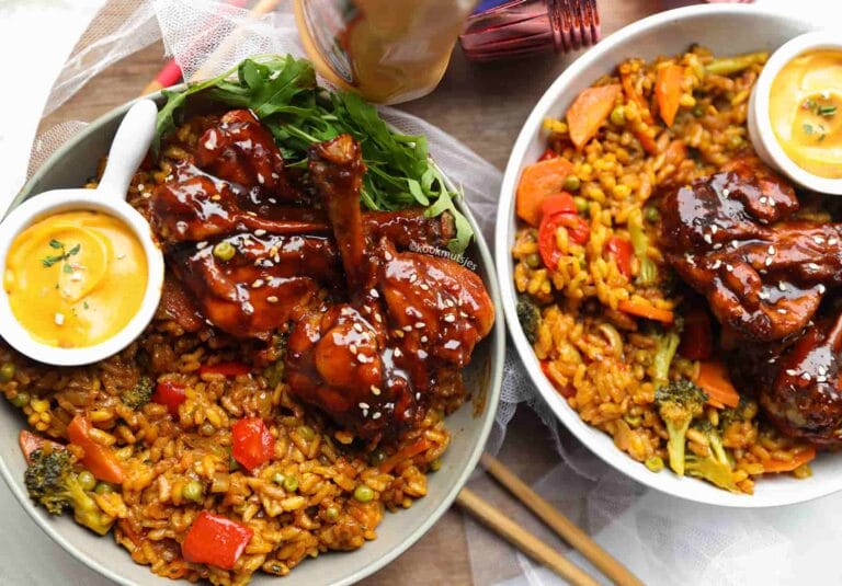 Rice With Vegetables And Sticky Chicken