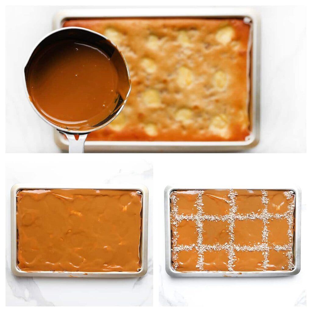 Giet de vloeibare biscoffpasta over de afgekoelde cake en garneer met gehakte walnoten. Zet de cake, afgedekt, in de koelkast.