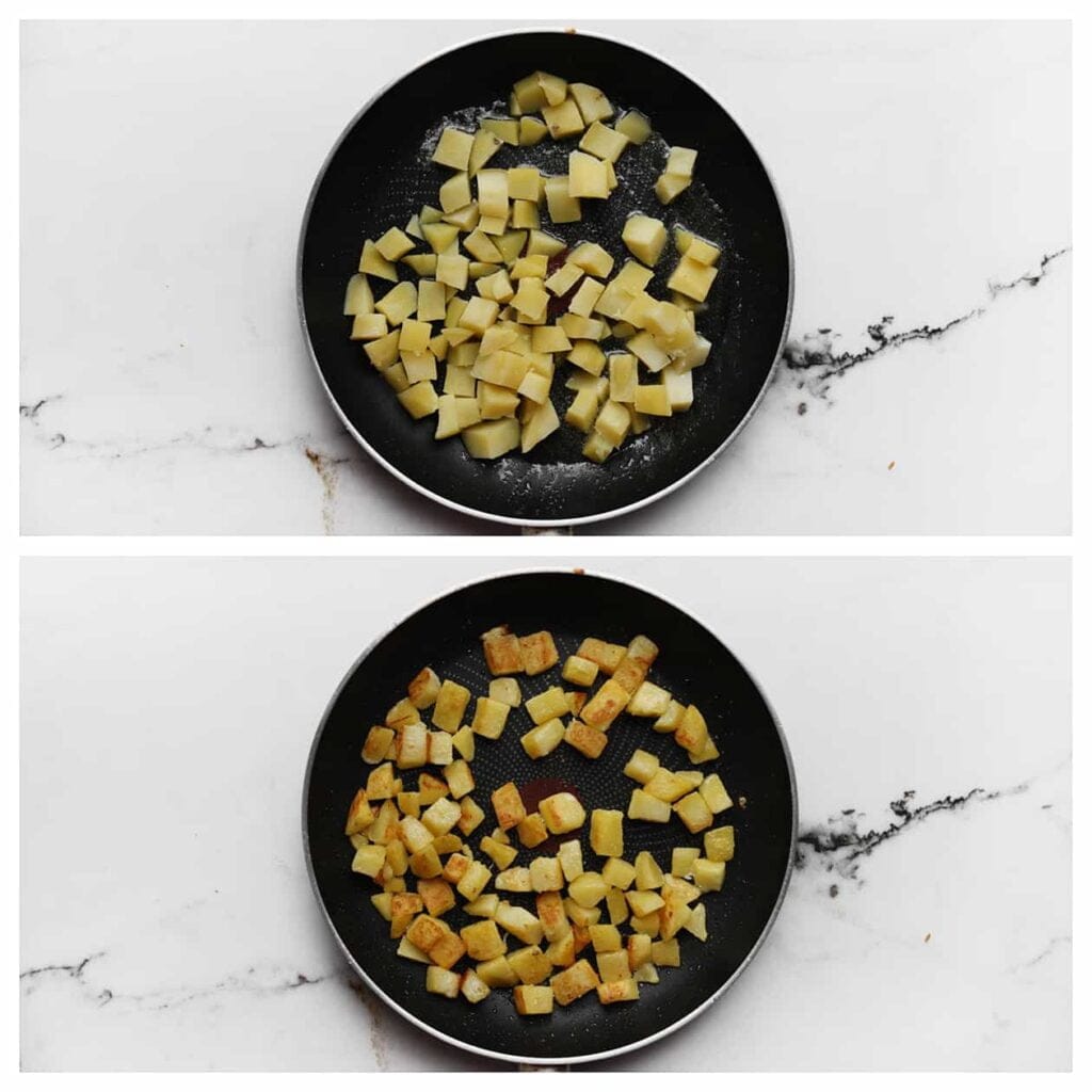 Verhit de roomboter en olijfolie in een koekenpan op middelhoog vuur. Voeg de gekookte aardappelblokjes toe en bak ze rondom goudbruin. Leg ze apart.