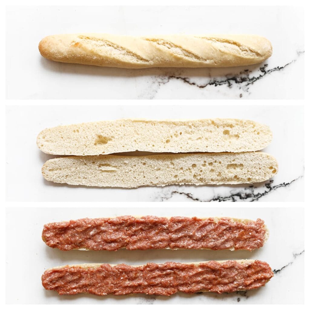 Neem een baguette en snijd deze horizontaal doormidden. Verdeel het gehaktmengsel gelijkmatig over beide helften.