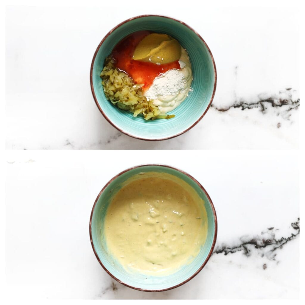 In een andere kom meng je de mayonaise, mosterd, chilisaus, uienpoeder en geraspte augurk.