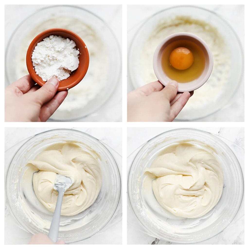 Voeg de suiker en vanillesuiker toe. Mix 1 minuut. Zeef de maïzena boven de kom en mix opnieuw 1 minuut. Zet de mixer weg en gebruik een spatel. Voeg de eieren één voor één toe, spatel na elke toevoeging tot het ei volledig is opgenomen.