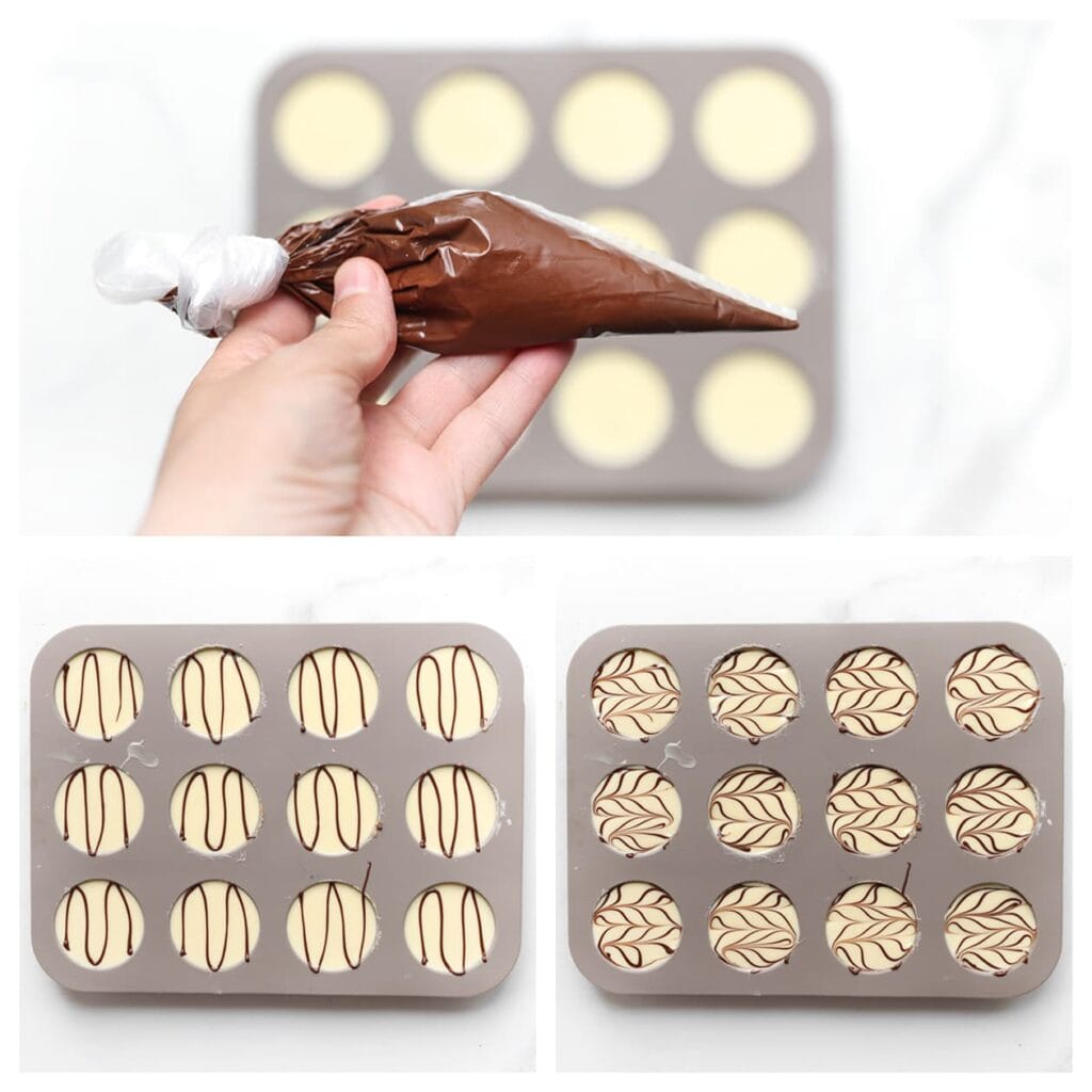 Spuit lijntjes over de witte chocolade. Gebruik een tandenstoker om een sierlijk patroon te cre&euml;ren. Laat de chocolade volledig hard worden voordat je ze uit de siliconenvorm haalt.