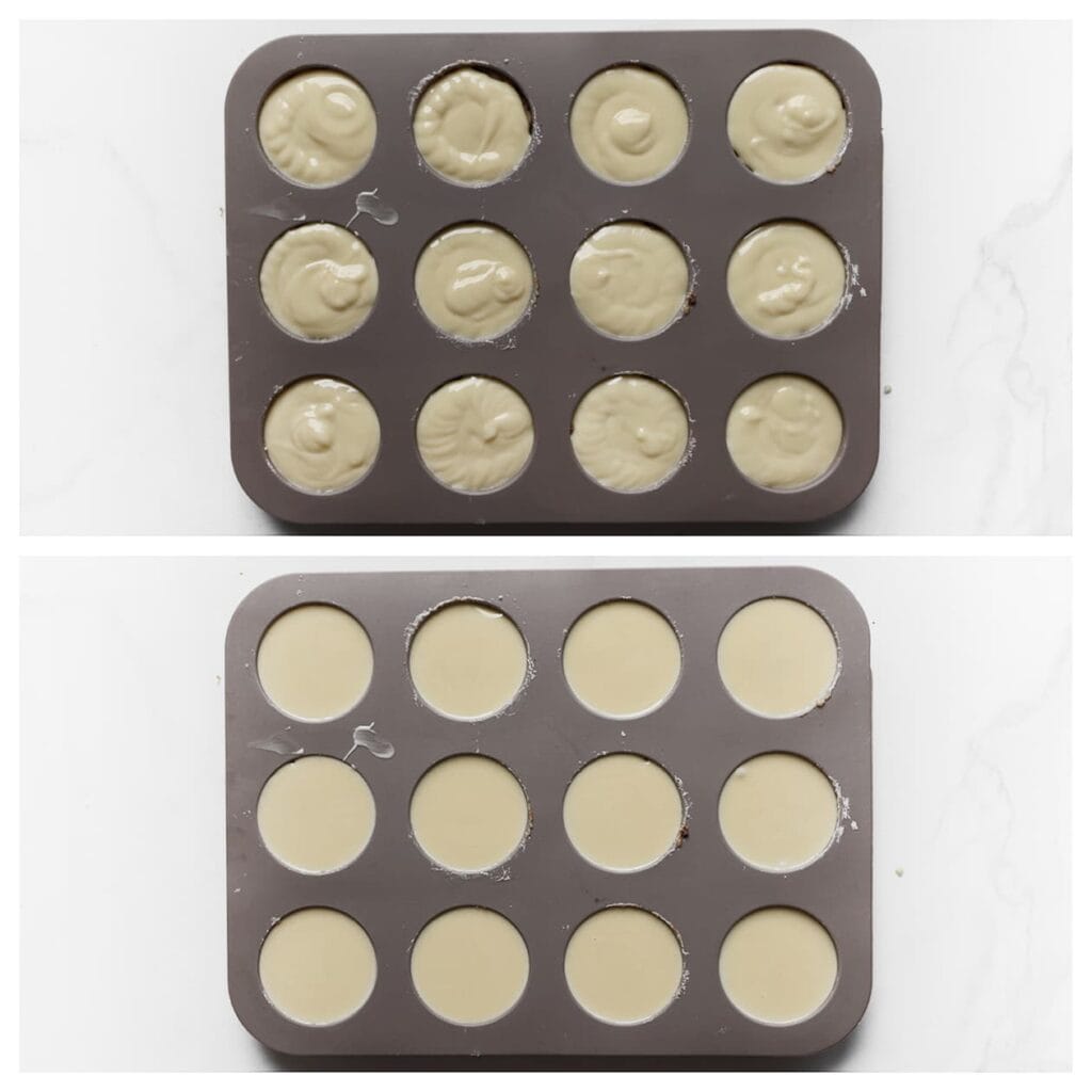 Smelt de resterende 200 gram witte chocolade au bain-marie. Giet deze over het koekjesmengsel en tik de vorm een paar keer tegen je werkblad zodat de witte chocolade gelijkmatig wordt verdeeld.