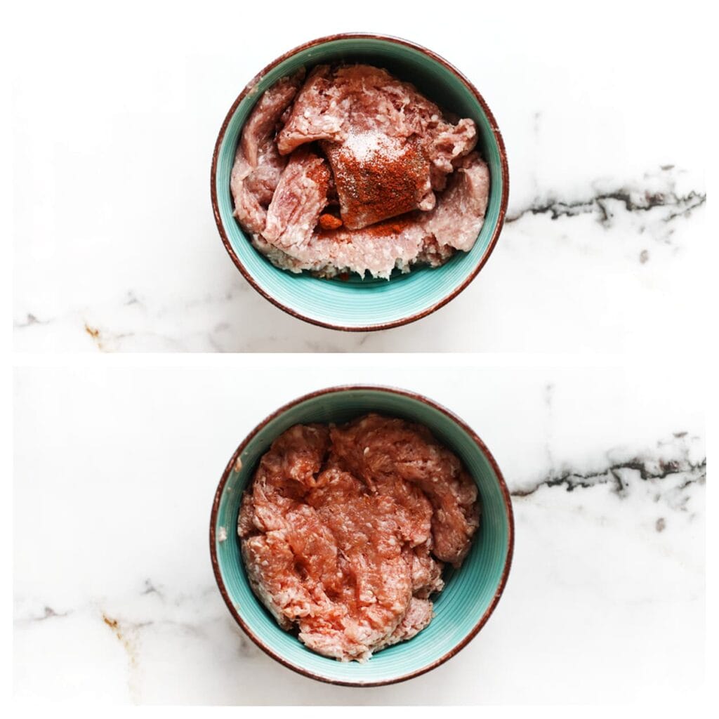 Doe het gehakt samen met het zout en de zwarte peper in een kom en meng goed.
