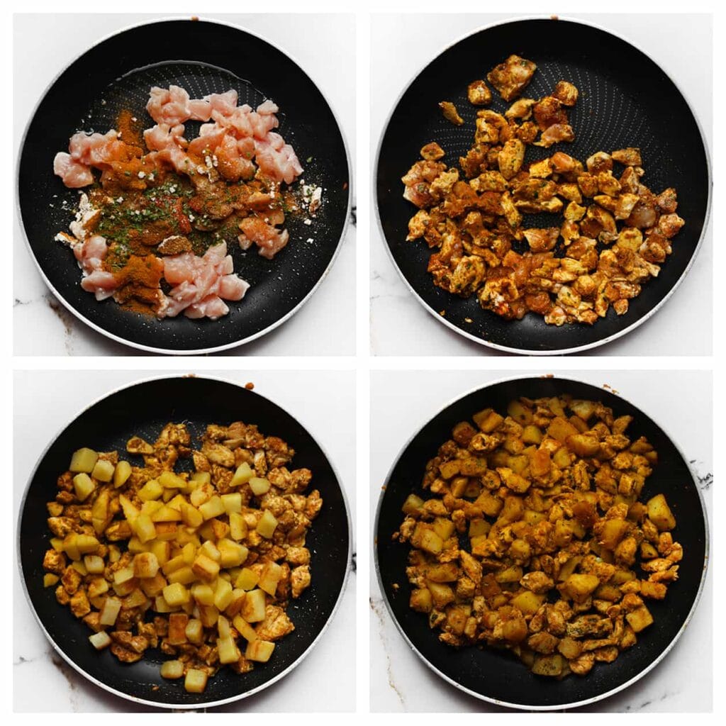 Was en snijd de kippendijen in stukken. Verhit de koekenpan opnieuw op middelhoog vuur en voeg de kippendijen toe, samen met het zout, de ras el hanout, komijnpoeder, cayennepeper, uienpoeder, knoflookpoeder en gedroogde peterselie. Meng alles goed door elkaar en bak de kip 5-6 minuten. Voeg de gebakken aardappelblokjes toe en bak ze kort mee.