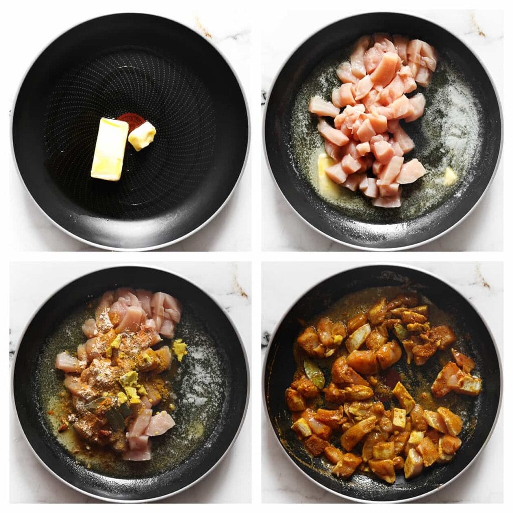 Was de kippendijen en snijd ze in stukken. Verhit de olijfolie en roomboter in een koekenpan op middelhoog vuur. Voeg de stukjes kip toe samen met het currypoeder, kurkuma, korianderpoeder, kaneelpoeder, cayennepeper, uienpoeder, knoflookpoeder, komijnpoeder, zwarte peper en de laurierblaadjes. Verkruimel het kippenbouillonblokje boven de pan en bak de kip 5-6 minuten.