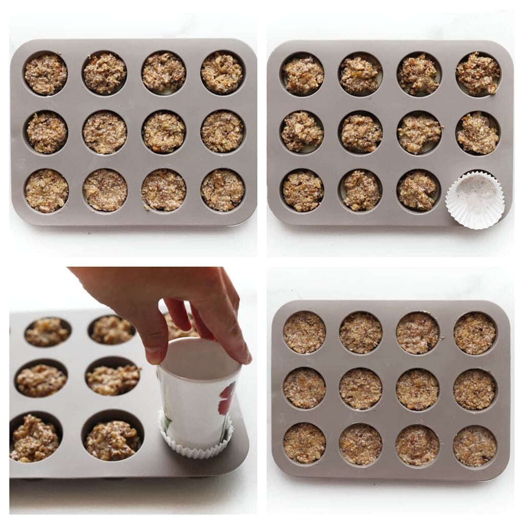 Haal de siliconenvorm met de stevige witte chocolade uit de koelkast. Verdeel ongeveer 20 gram van het koekjesmengsel over elke vorm en druk dit goed aan met een glas. Leg wel een papiertje onder het glas zodat het mengsel niet blijft plakken.