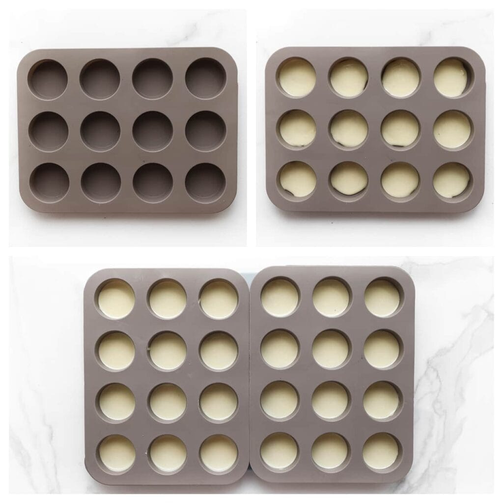 Neem een siliconenvorm en vul deze met een dun laagje gesmolten witte chocolade. Zet de vorm in de koelkast zodat de chocolade stevig kan worden.