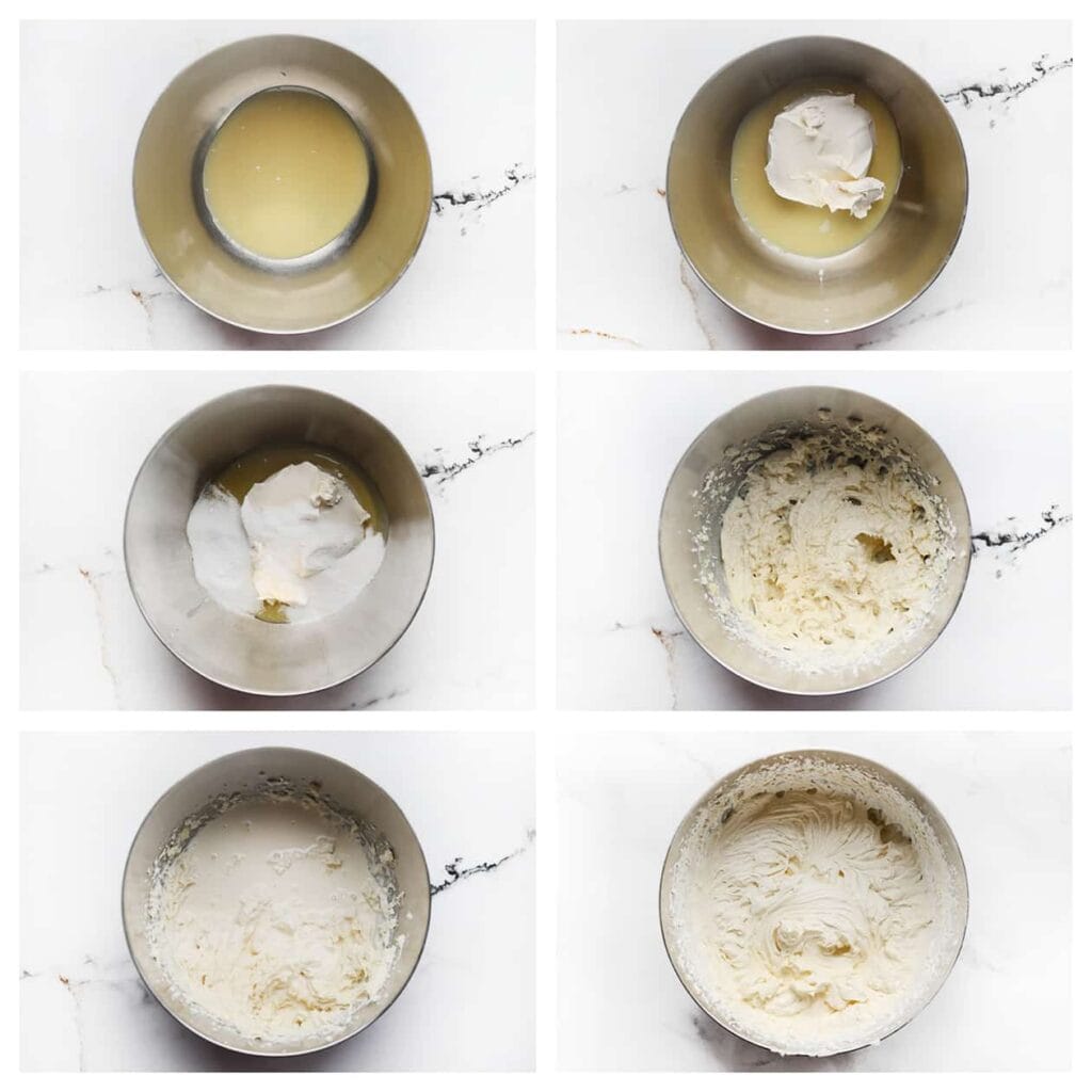 Doe de witte chocoladeganache in een diepe kom. Voeg de mascarpone, klopfix, suiker en vanillesuiker toe. Mix 1 minuut. Voeg geleidelijk de ongeklopte slagroom (250 ml) toe en mix totdat de room stijve pieken vertoont.