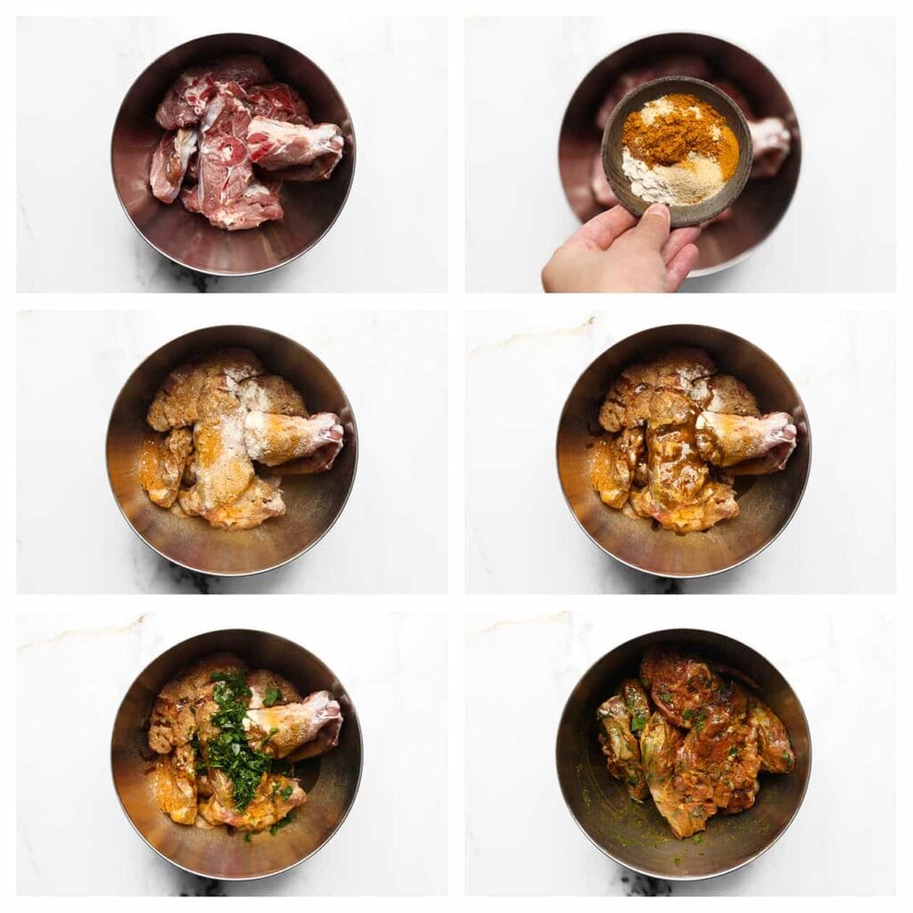 Doe het vlees, zout, de ras el hanout, kurkuma, gemberpoeder, knoflookpoeder, uienpoeder, zwarte peper, kaneelpoeder, 5 gram gehakte koriander en 25 ml zonnebloemolie in een diepe kom. Meng alles goed door elkaar.