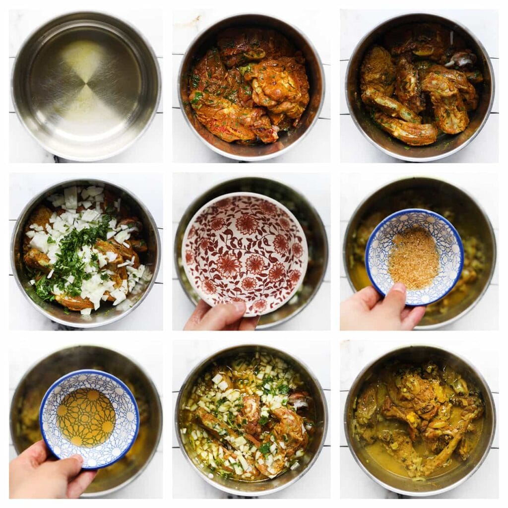 Verhit de olijfolie en de resterende zonnebloemolie in een pan op middelhoog vuur. Voeg het vlees toe en bak het enkele minuten, roer regelmatig. Voeg de gele ui en koriander toe en bak kort mee. Voeg vervolgens het water, de rietsuiker en de honing toe. Meng goed en laat het geheel, afgedekt, 60 minuten koken of totdat het vlees gaar is.