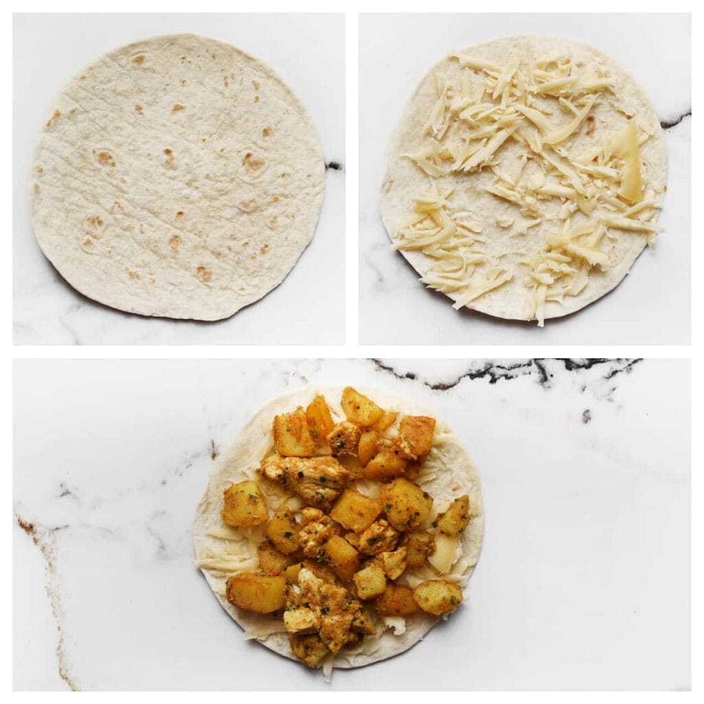 Neem een wrap en verdeel er geraspte kaas over, gevolgd door het kip-aardappelmengsel. Herhaal dit voor de overige wraps.