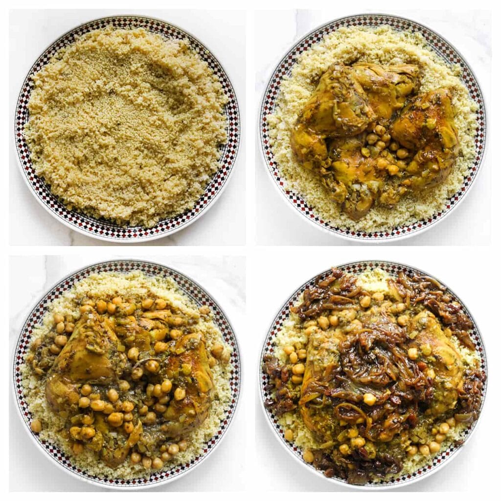 Verdeel de couscous over een groot bord en leg de kippenbouten, kikkererwten en ui eroverheen.