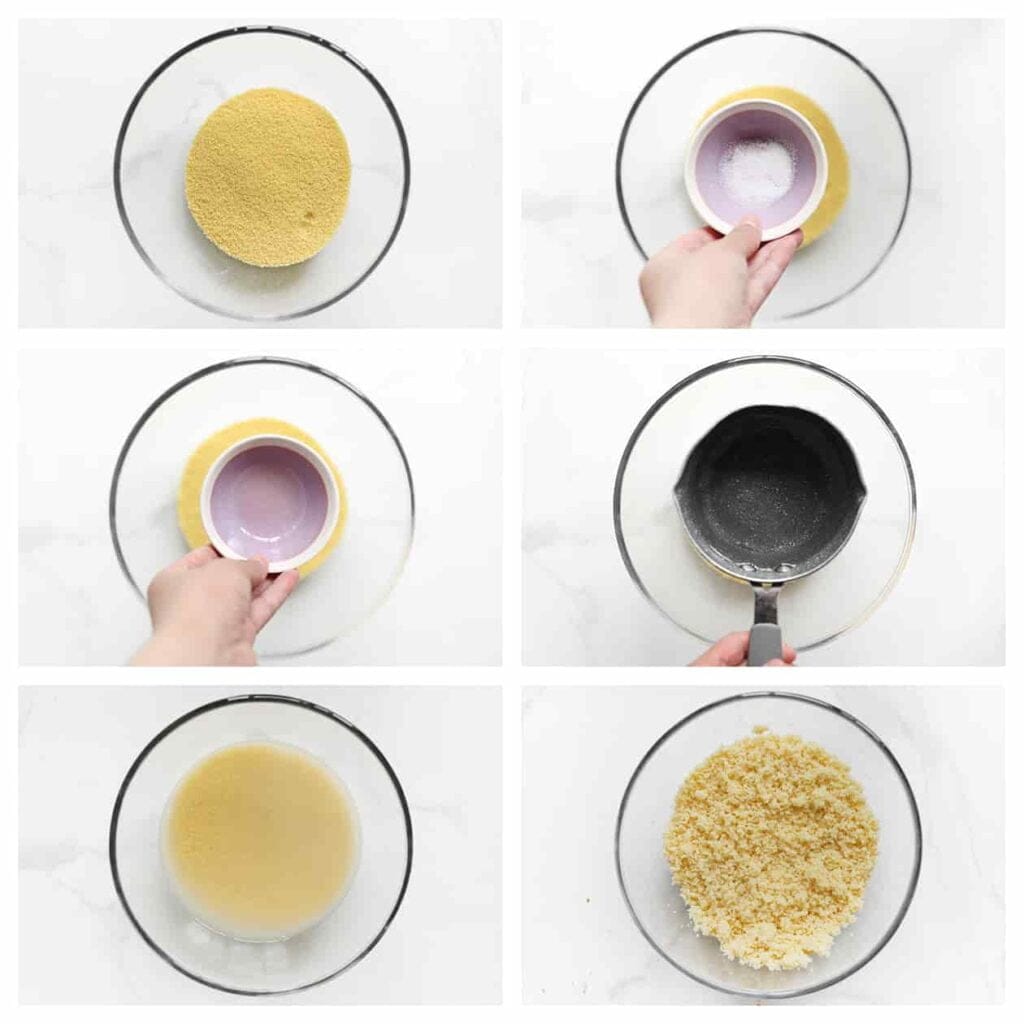 Doe de couscous in een diepe kom en voeg 400 ml water toe. Voeg 15 ml zonnebloemolie en zout toe aan de couscous. Meng alles goed met je handen. Laat de couscous 12 minuten staan, of totdat al het water is geabsorbeerd.