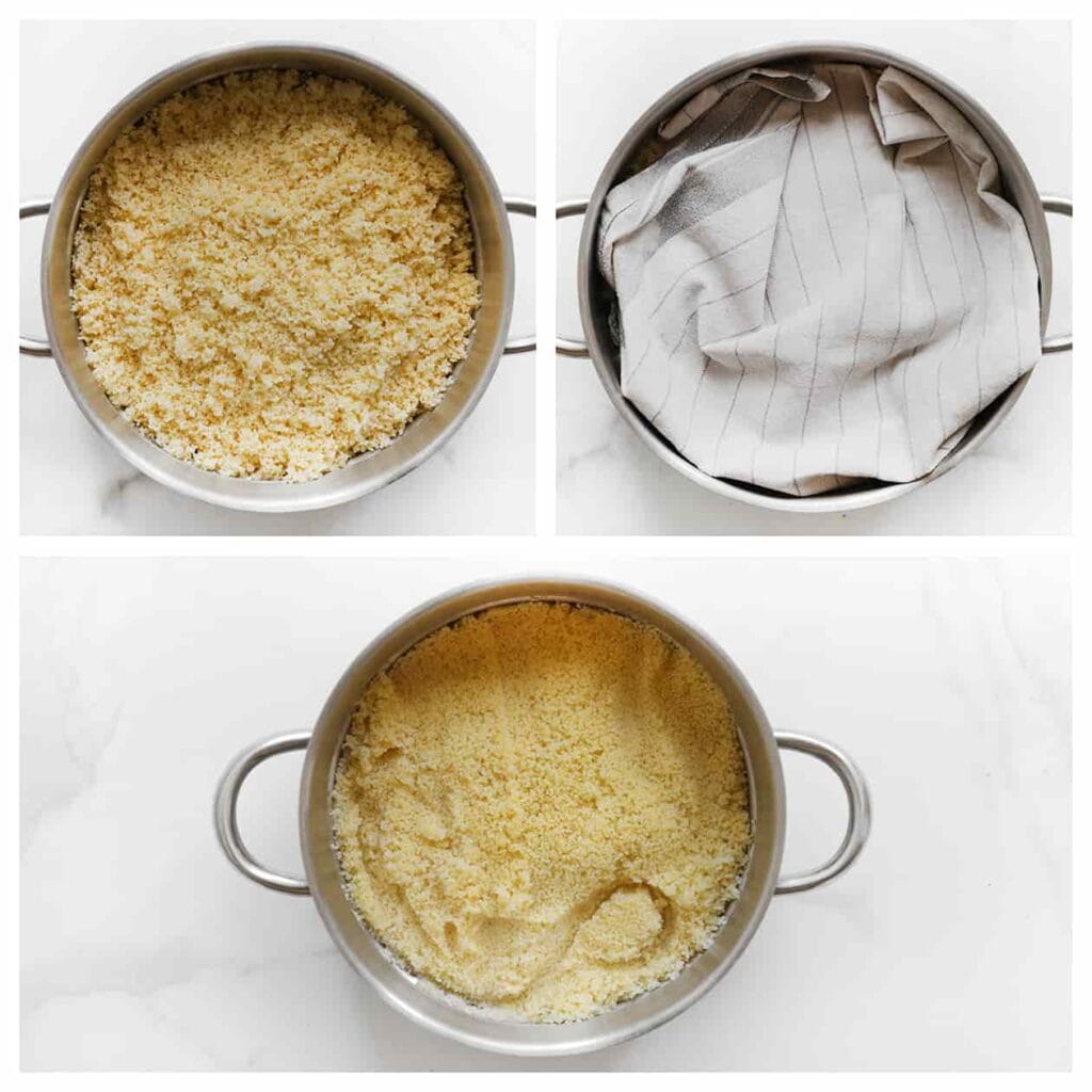 Doe de couscous in het bovenste gedeelte van de couscouspan en leg er een theedoek over. Ik gebruik altijd een theedoek omdat er anders te veel vocht in de couscous komt. Stoom de couscous 35-40 minuten.