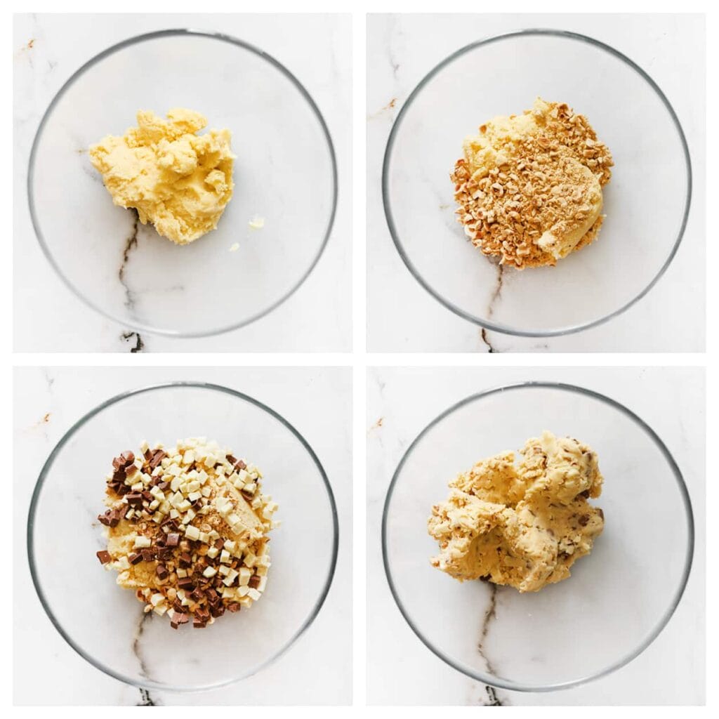 Doe het laatste stuk koekjesdeeg in een kom en voeg de gehakte hazelnoten, melkchocolade en witte chocolade toe. Kneed tot een samenhangend geheel.