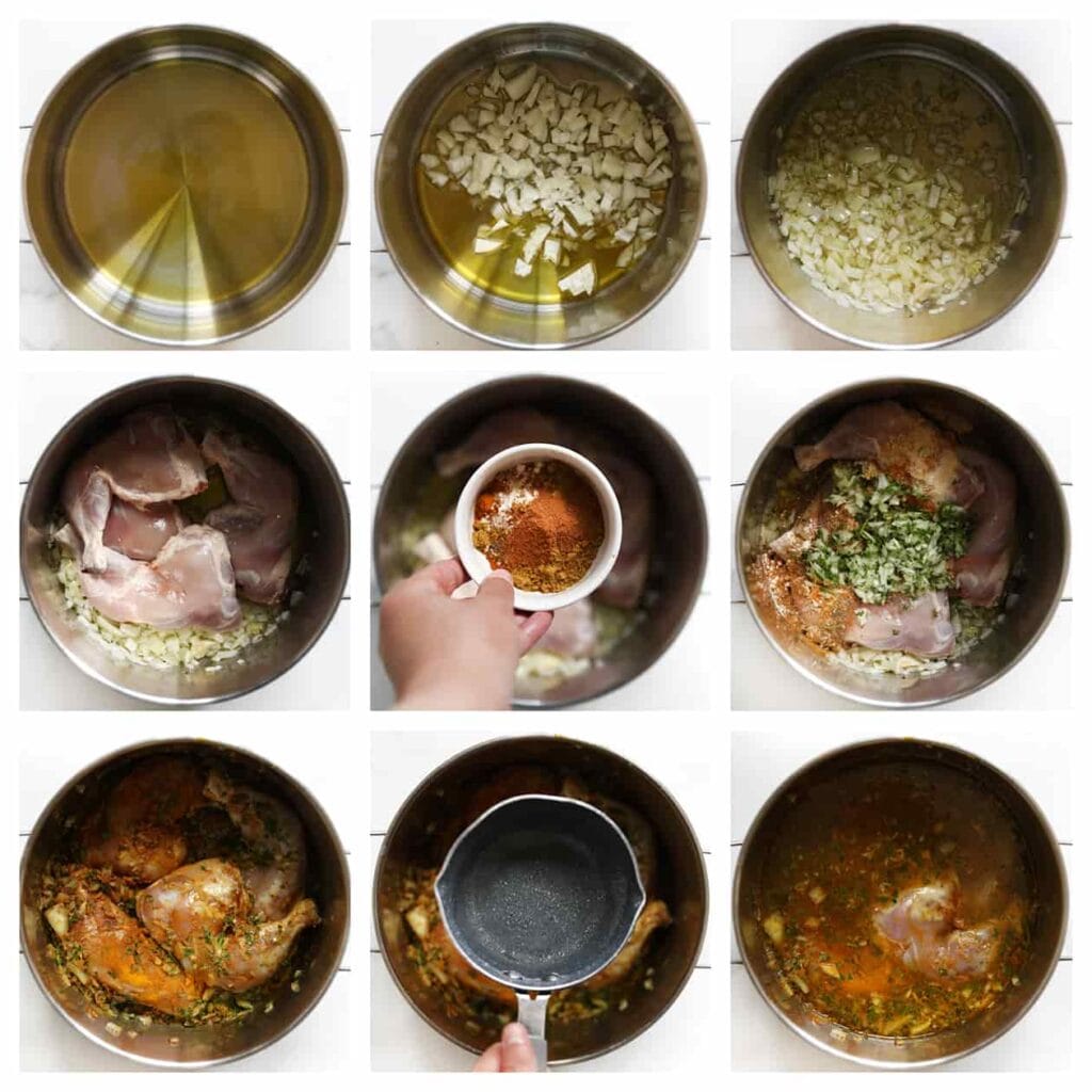 Verhit olijfolie in een pan op middelhoog vuur. Voeg 150 gram gesnipperde gele ui, kippenbouten, zout, kurkuma, gemberpoeder, korianderpoeder, uienpoeder, knoflookpoeder, ras el hanout, kaneelpoeder en het groentemengsel toe. Meng goed en bak 3-4 minuten. Voeg water toe en zet het vuur hoog. Wanneer het begint te borrelen, zet je het vuur laag. Laat 45-55 minuten koken.