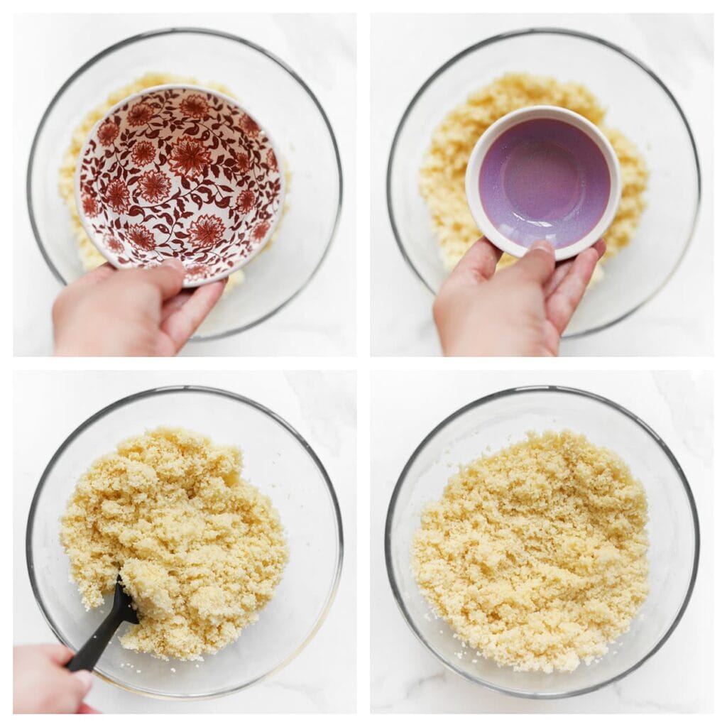 Doe de warme couscous in een diepe kom en voeg 100 ml water en 15 ml zonnebloemolie toe. Meng met een lepel tot de couscous het water heeft geabsorbeerd. 