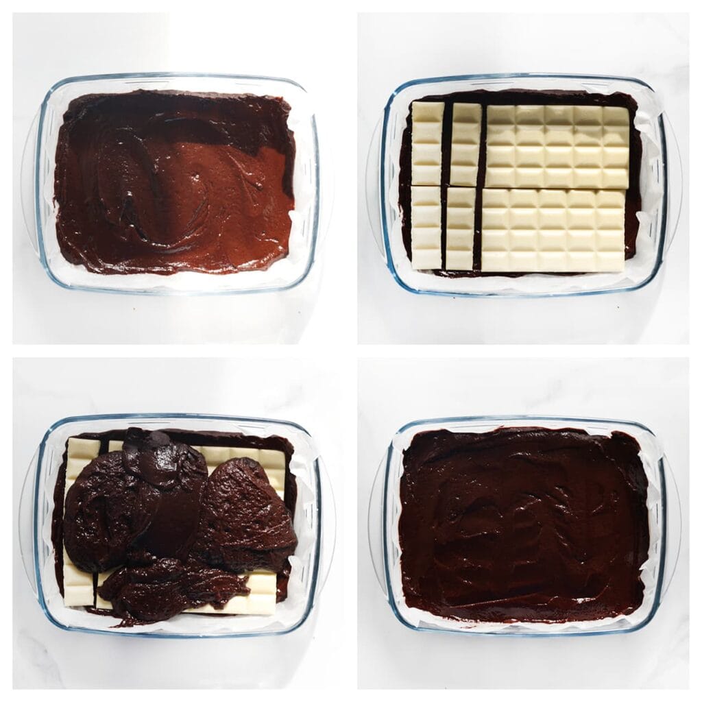 Giet de helft van het browniebeslag in een ingevette bakvorm met bakpapier en verdeel de witte chocolade erover. Giet daarna de rest van het beslag erover en strijk het glad.