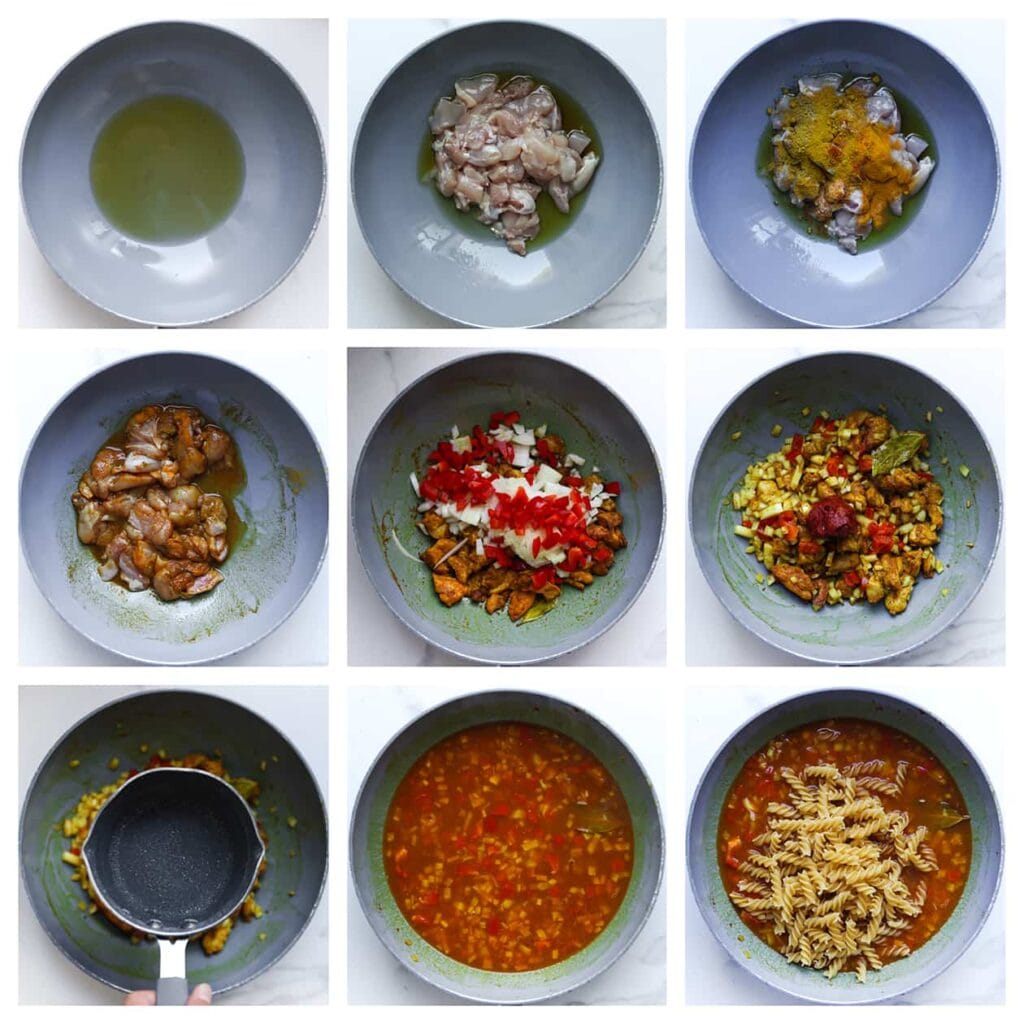 Verhit de olijfolie in een koekenpan op middelhoog vuur. Voeg de kippendijen, currypoeder, kurkuma, knoflookpoeder, cayennepeper, komijnpoeder en het laurierblad toe. Meng goed en bak de kip kort aan. Voeg de gele ui en rode paprika toe, en bak alles nog 2-3 minuten mee. Voeg vervolgens de tomatenpuree, het hete water en de fusilli toe. Roer goed door en laat, afgedekt, 10 minuten zachtjes koken.