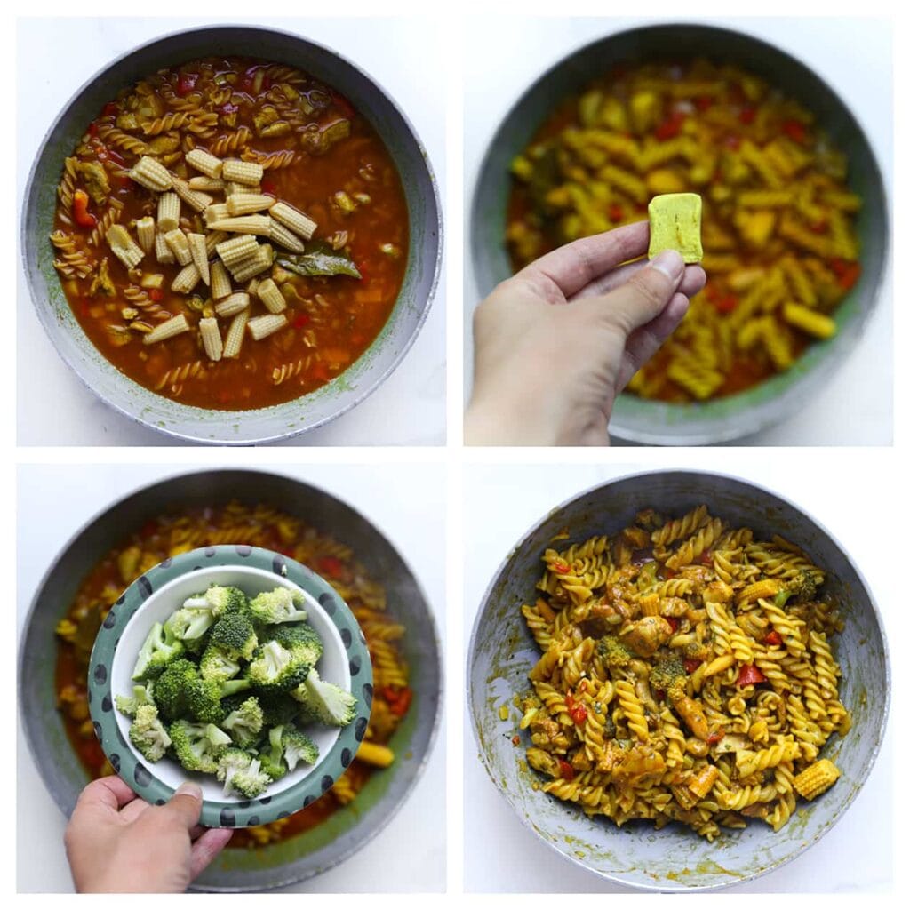 Voeg daarna de babyma&iuml;s en broccoli toe, en verkruimel het kippenbouillonblokje boven de pan. Kook het geheel nog 10-12 minuten, of tot de pasta gaar is.