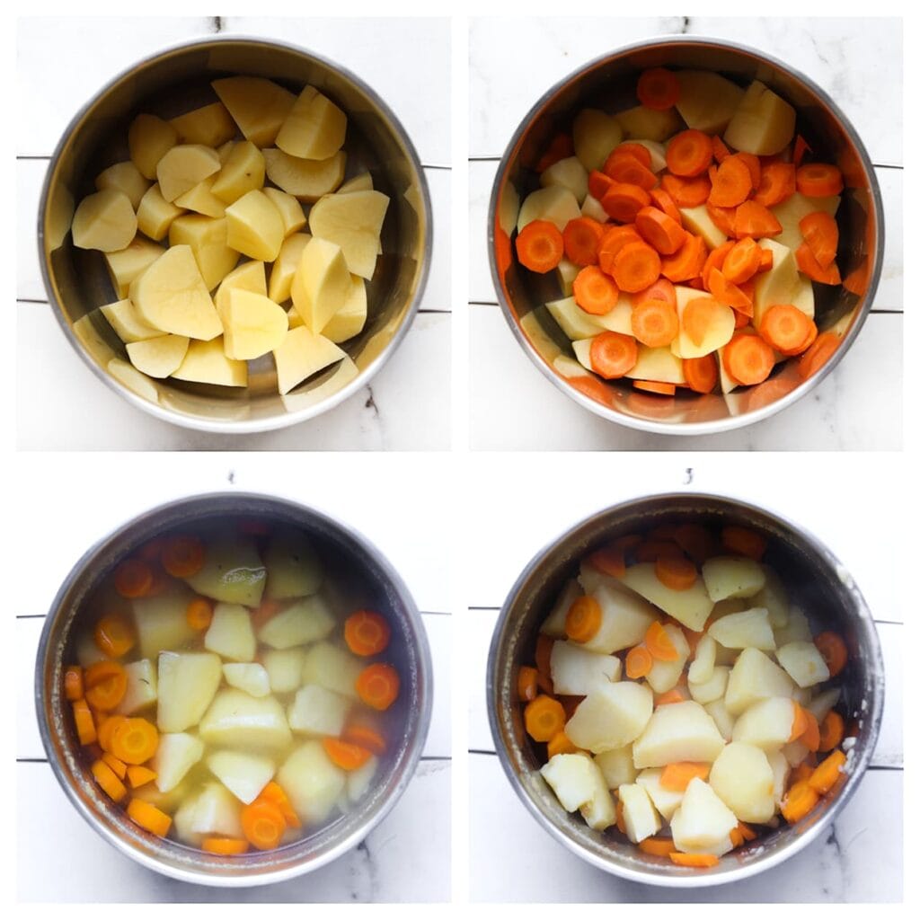 Schil de aardappels en snijd ze in blokjes. Schil de wortels en snijd ze in plakjes. Doe de aardappels en wortels in een pan en vul deze tot de helft met water. Breng het water aan de kook en kook de groenten in 15-20 minuten gaar. Giet het water daarna af.