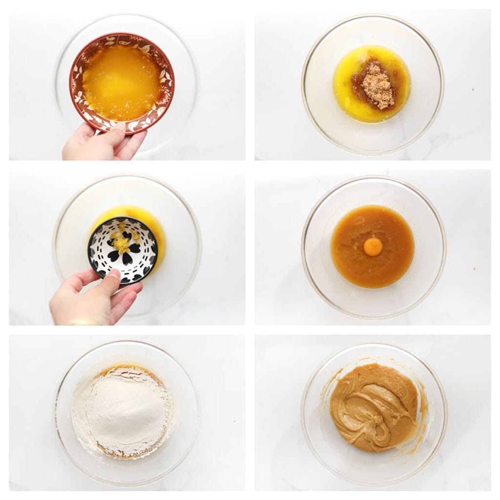 Doe de afgekoelde roomboter, bruine basterdsuiker, vanillesuiker en citroenrasp in een kom. Mix tot een glad geheel. Voeg de eieren één voor één toe en mix na elk ei goed door. Zeef de bloem en het bakpoeder boven de kom en mix tot een egaal beslag.