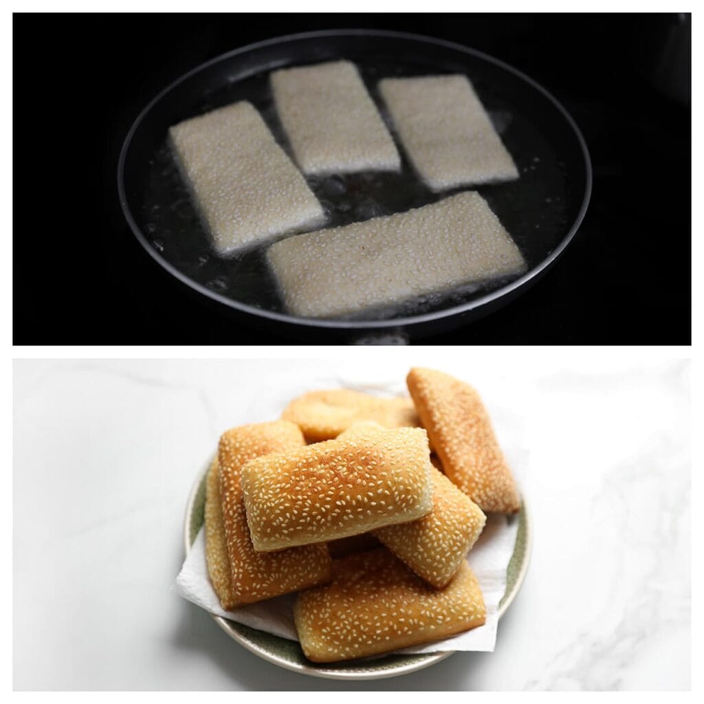 Verhit een koekenpan met een laagje zonnebloemolie tot 175 °C. Bak de sesambroodjes aan beide kanten goudbruin. Laat ze uitlekken op een vel keukenpapier.