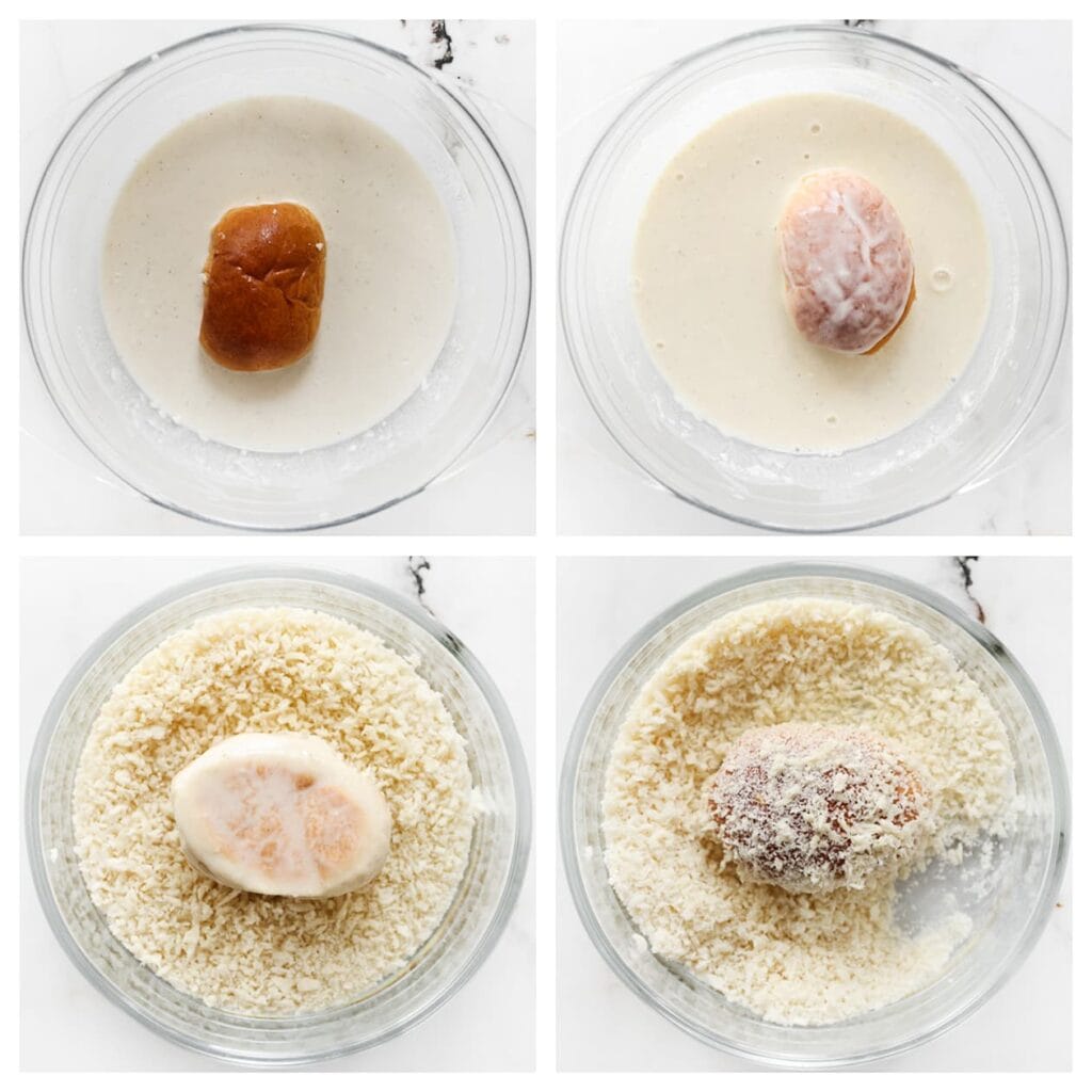 Doe de panko broodkruimels in een kom. Haal de broodjes eerst door het bloemmengsel en vervolgens door de panko voor een krokante buitenkant.