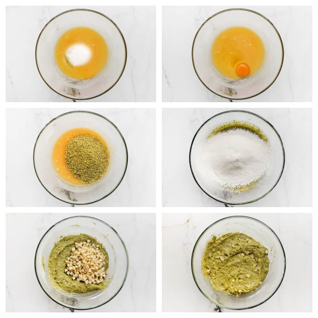 Doe de gesmolten boter, basterdsuiker en vanillesuiker in een kom. Mix tot een glad mengsel. Voeg de eieren één voor één toe en mix goed na elk ei. Roer de gemalen pistachenoten erdoor. Zeef de bloem en het bakpoeder boven de kom en mix tot een glad beslag. Spatel de gehakte chocolade erdoor.