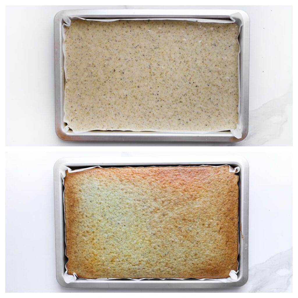 Giet het beslag in een ingevette bakvorm bekleed met bakpapier. Plaats de cake in een voorverwarmde oven op 175 &deg;C en bak deze in 20-25 minuten gaar. Controleer regelmatig, aangezien de baktijd per oven kan vari&euml;ren. Laat de cake vervolgens afkoelen.