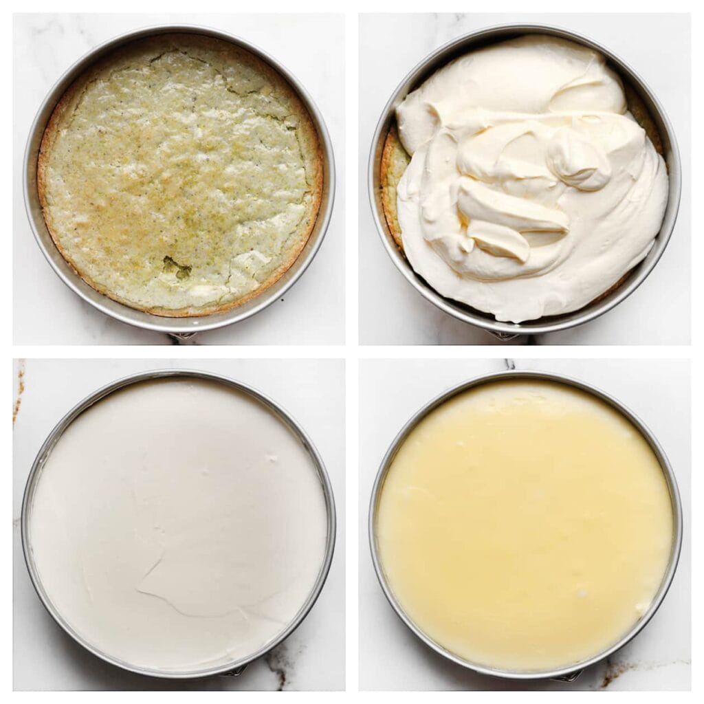 Haal de pistache-brownie voorzichtig uit de oven en verlaag de temperatuur naar 125 °C. Verdeel het cheesecakebeslag over de brownie en bak 60 minuten, of totdat de randen stevig zijn en het midden nog lichtjes wiebelt. Zet de oven uit en laat de cheesecake 1 uur afkoelen in de oven om scheuren te voorkomen.