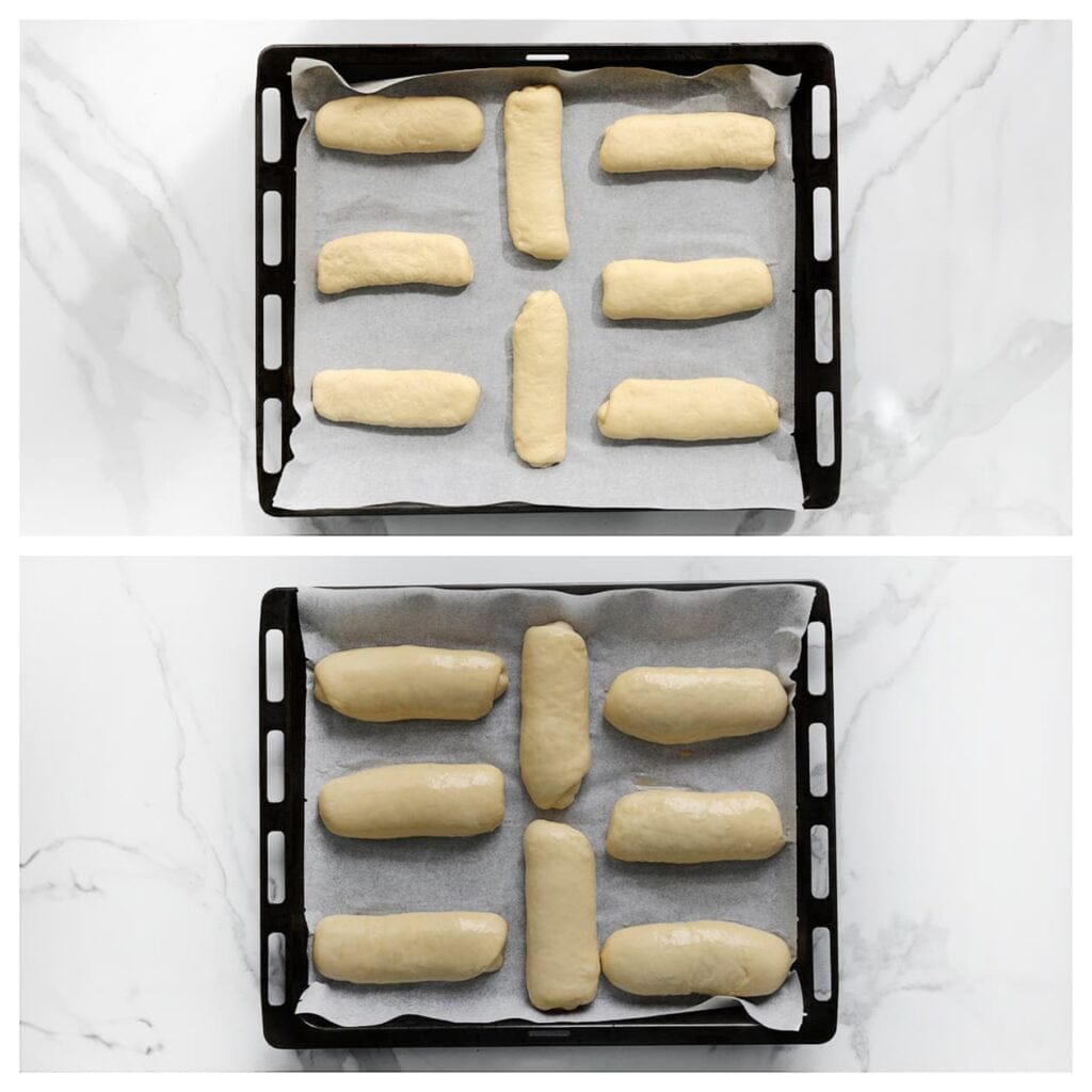 Laat de deegrolletjes nogmaals 30 minuten rijzen op een warme plek. Bestrijk de gerezen broodjes met het geklutste ei.