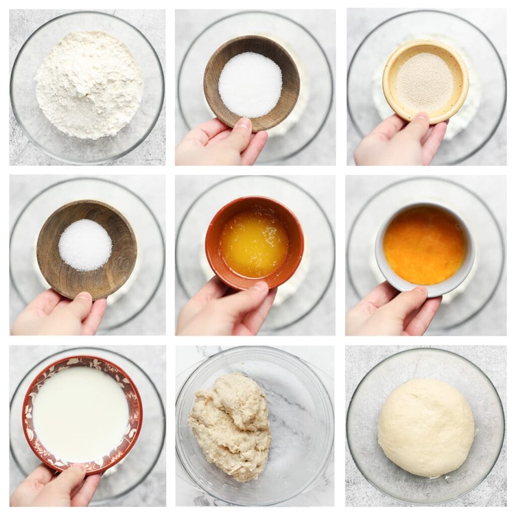 Doe de bloem, gist, suiker en zout in een grote kom. Maak een kuiltje in het midden en voeg de gesmolten roomboter, het geklutste ei en de lauwwarme melk toe. Meng alles goed en kneed het deeg 10-12 minuten tot een soepel geheel.