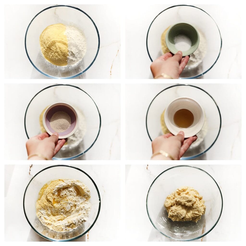 Meng het ma&iuml;smeel, de bloem, gist, zout, honing, zonnebloemolie en lauwwarm water in een diepe kom. Kneed het geheel 10-12 minuten tot een soepel deeg.