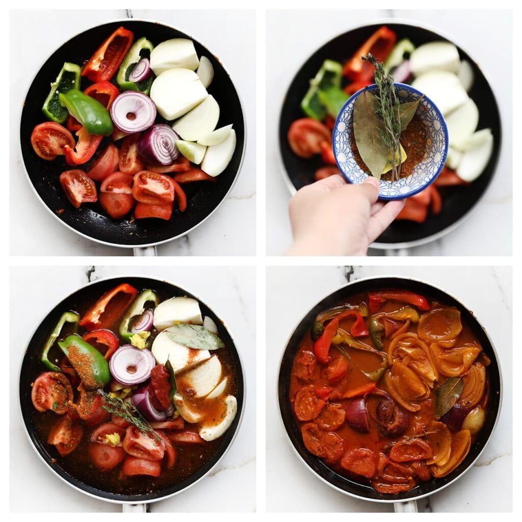 Verhit de olijfolie in dezelfde koekenpan op middelhoog vuur. Voeg de ui, tomaten, paprika, het overige kruidenmengsel, laurierblaadjes en tijmtakjes toe. Verkruimel het kippenbouillonblokje erboven en voeg het water toe. Breng aan de kook. Verlaag het vuur, dek af en laat 15-20 minuten zachtjes sudderen.