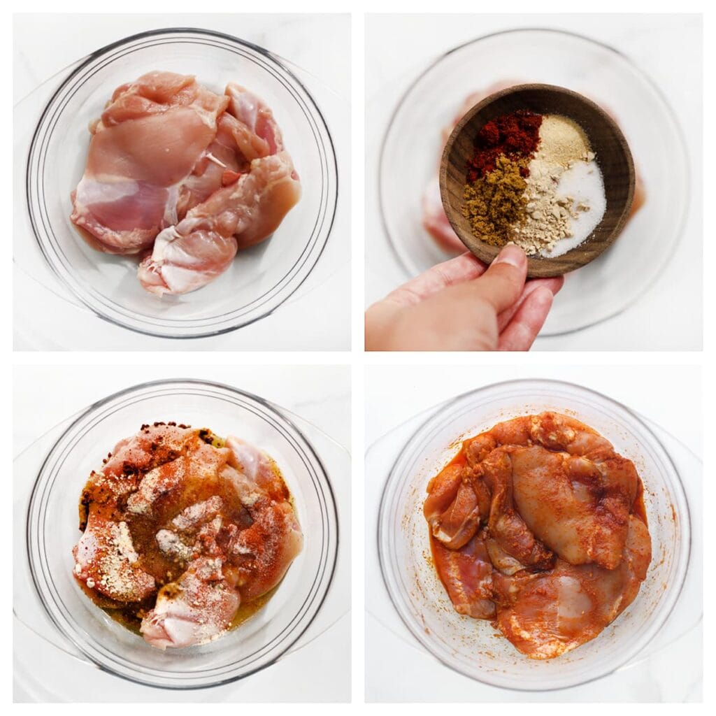 Was de kippendijen en snijd ze in grote stukken. Meng in een kom met het zout, uienpoeder, cayennepeper, paprikapoeder, knoflookpoeder en olijfolie. Dek de kom af en laat de kip minimaal 30 minuten in de koelkast marineren.