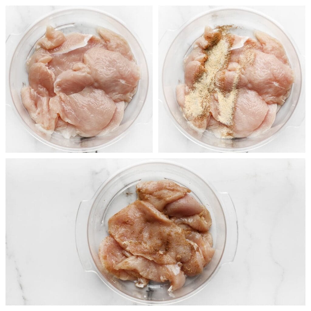 Snijd de kipfilet in stukken en doe deze in een kom. Voeg komijn, zwarte peper, knoflookpoeder, uienpoeder en zout toe. Meng goed.