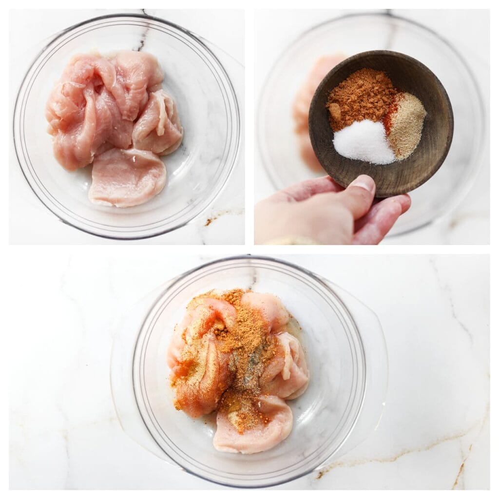 Was en snijd de kip in stukjes. Doe ze in een kom en voeg het zout, de uienpoeder, knoflookpoeder, cayennepeper, zwarte peper en honing toe. Meng goed tot alles gelijkmatig verdeeld is.