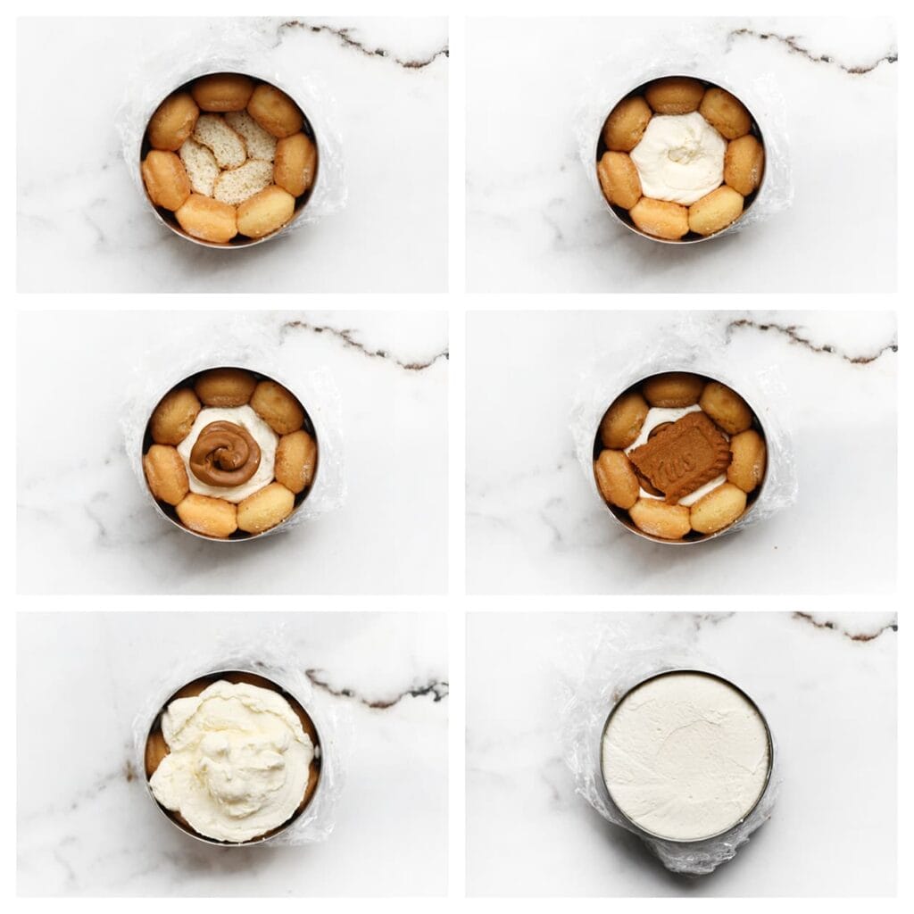 Spuit een laag room op de bodem, gevolgd door een laagje Biscoff pasta, Biscoff koekje en weer een laagje room. Vul de bakring niet te vol, want er komt nog een laag Biscoff pasta bovenop. Strijk de bovenkant glad.