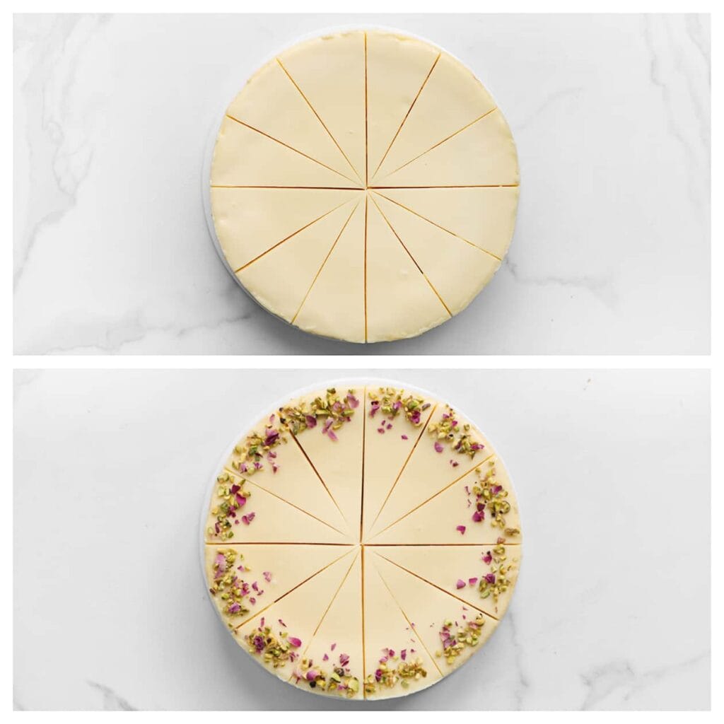 Snijd de cheesecake in stukken en garneer met gehakte pistachenoten en gedroogde rozenblaadjes naar wens.