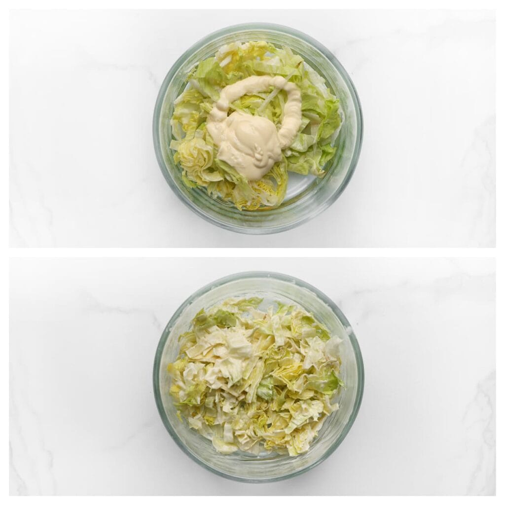 Snijd de ijsbergsla in de gewenste grootte en meng deze in een kom met de mayonaise.
