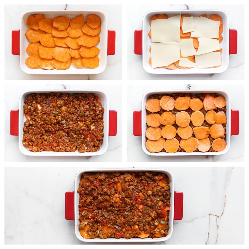 Bedek de bodem van een ovenschaal met een laagje zoete aardappelplakjes en leg er plakjes kaas op. Schep de helft van het gehaktmengsel erover. Leg daarboven weer een laagje zoete aardappelplakjes en verdeel het resterende gehaktmengsel erover.
