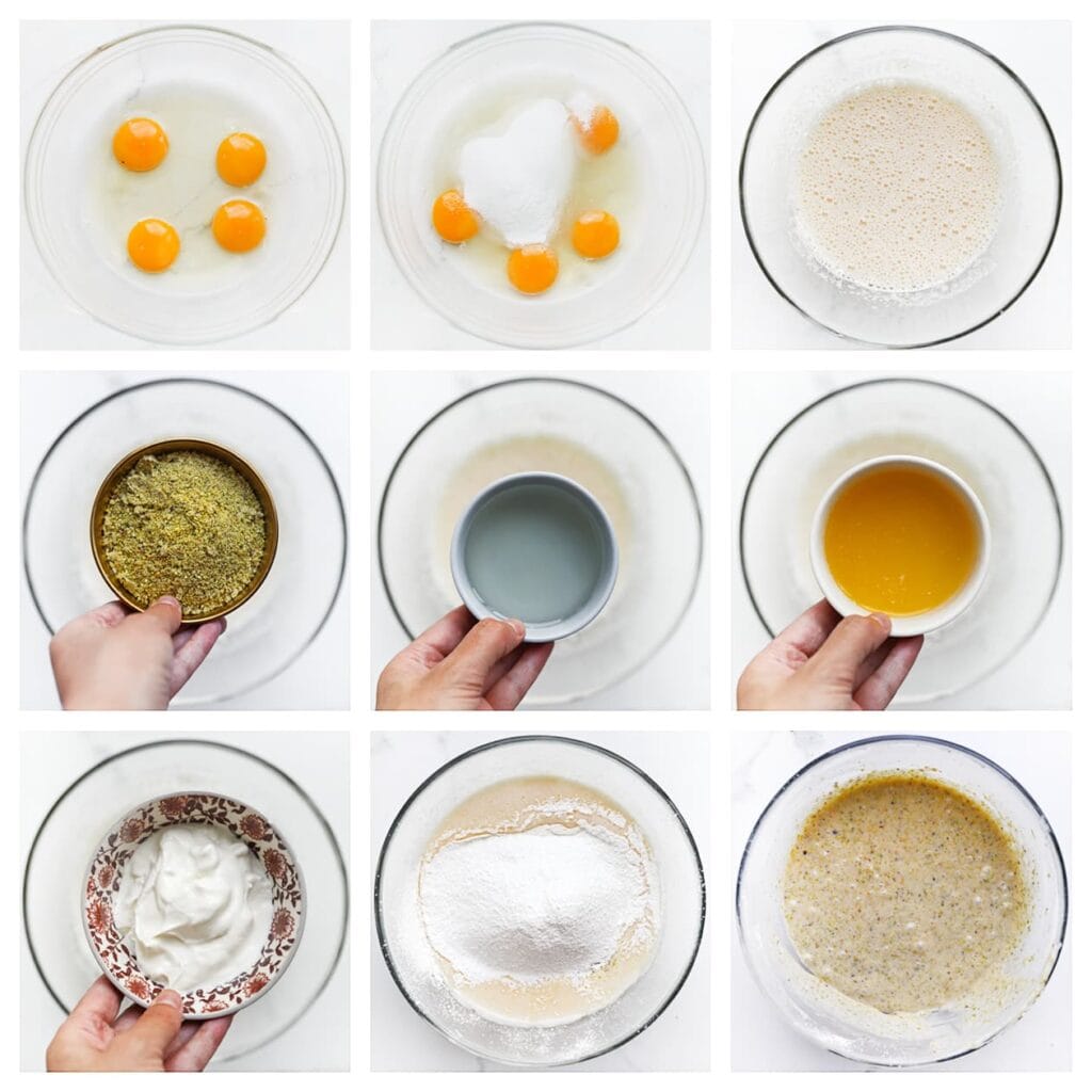 Breek de eieren in een kom. Voeg de witte basterdsuiker en vanillesuiker toe, en klop het mengsel tot het luchtig is. Voeg daarna de fijngemalen pistachenoten, zonnebloemolie, gesmolten roomboter en Griekse yoghurt toe. Mix alles tot een glad geheel. Zeef de bloem, ma&iuml;zena en bakpoeder boven het beslag. Spatel dit voorzichtig door het mengsel, zonder te roeren.